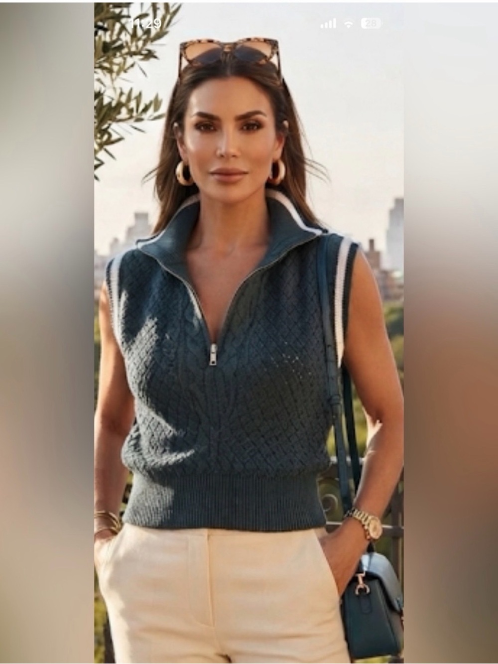 New Caroline Costas Sleeveless Zip-Front Cable Knit Sweater Vest - Dark Teal S